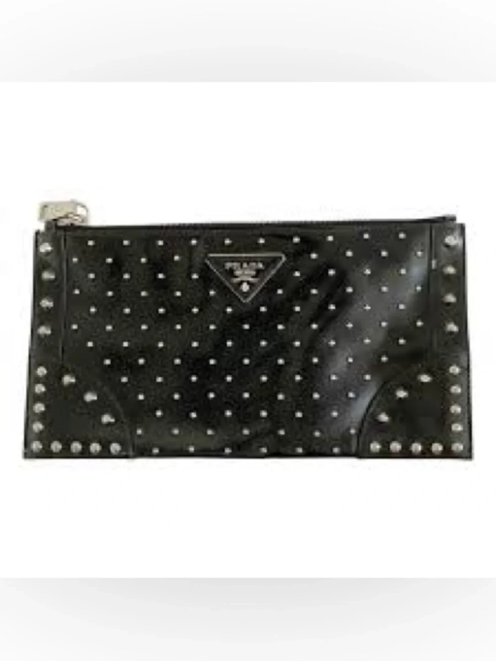 Prada Studded Leather Pochette Crossbody Bag Black Silver Studs Chain Strap